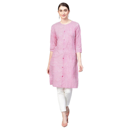 Women's Pink Cotton Solid 3/4 Sleeve Collar Neck Kurti