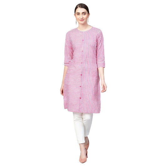 Women's Pink Cotton Solid 3/4 Sleeve Collar Neck Kurti