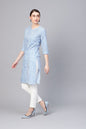 Women's Blue Cotton Solid 3/4 Sleeve Collar Neck Kurti