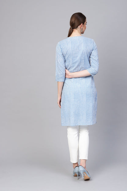 Women's Blue Cotton Solid 3/4 Sleeve Collar Neck Kurti