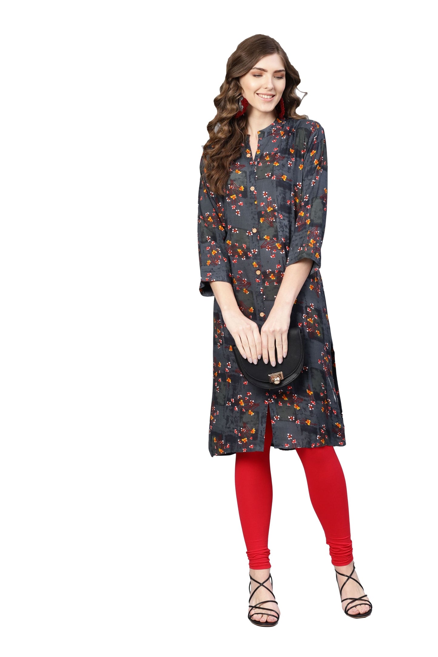 Women's Yellow Cotton Solid 3/4 Sleeve Round Neck Kurta Only