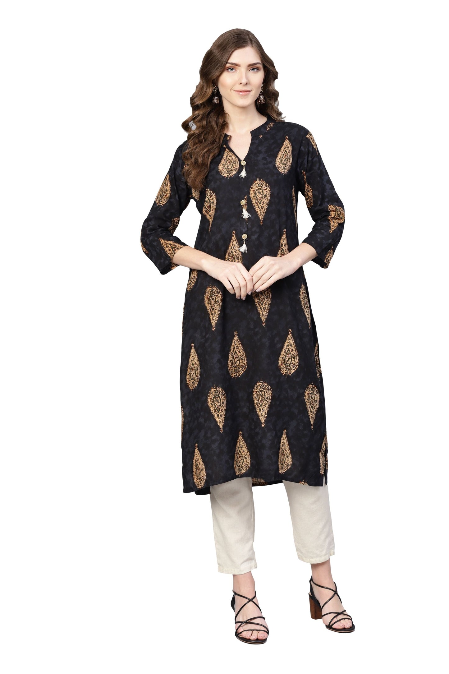 Women's Black Rayon Solid 3/4 Sleeve V-Neck Kurta Only