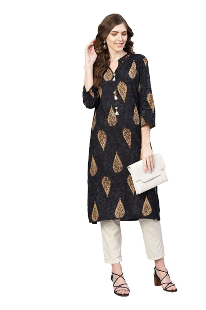 Women's Black Rayon Solid 3/4 Sleeve V-Neck Kurta Only