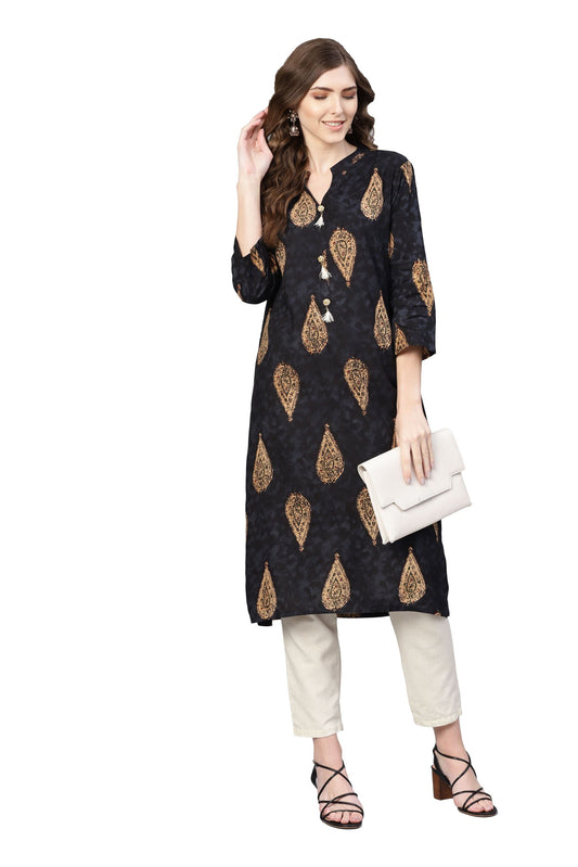 Women's Black Rayon Solid 3/4 Sleeve V-Neck Kurta Only