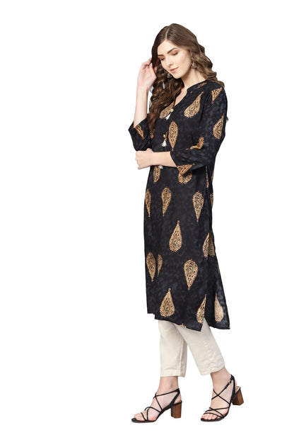 Women's Black Rayon Solid 3/4 Sleeve V-Neck Kurta Only