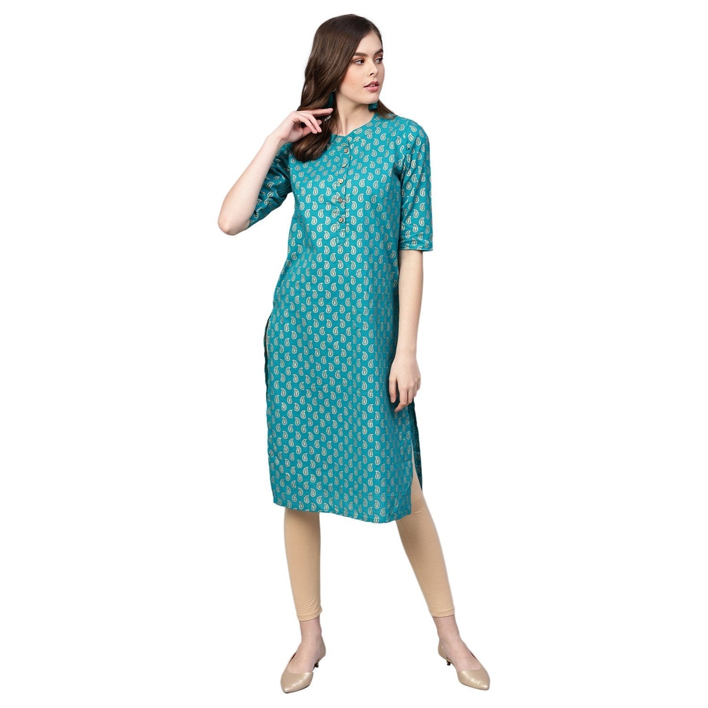 Women's Green Rayon Half Sleeve Round Neck Printed Kurta Only