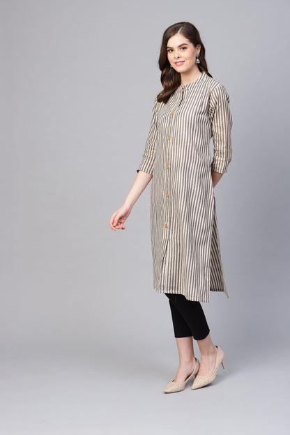 Women's Grey Cotton Solid 3/4 Sleeve Round Neck Kurti