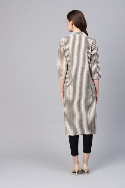 Women's Grey Cotton Solid 3/4 Sleeve Round Neck Kurti
