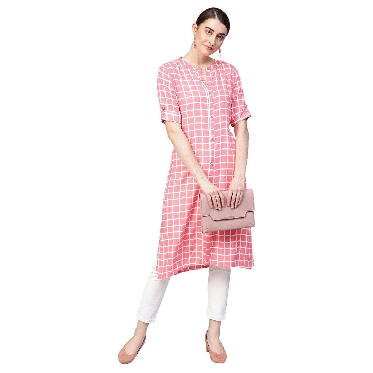 Women's Wine Polyester Printed 3/4 Sleeve Round Neck Kurti