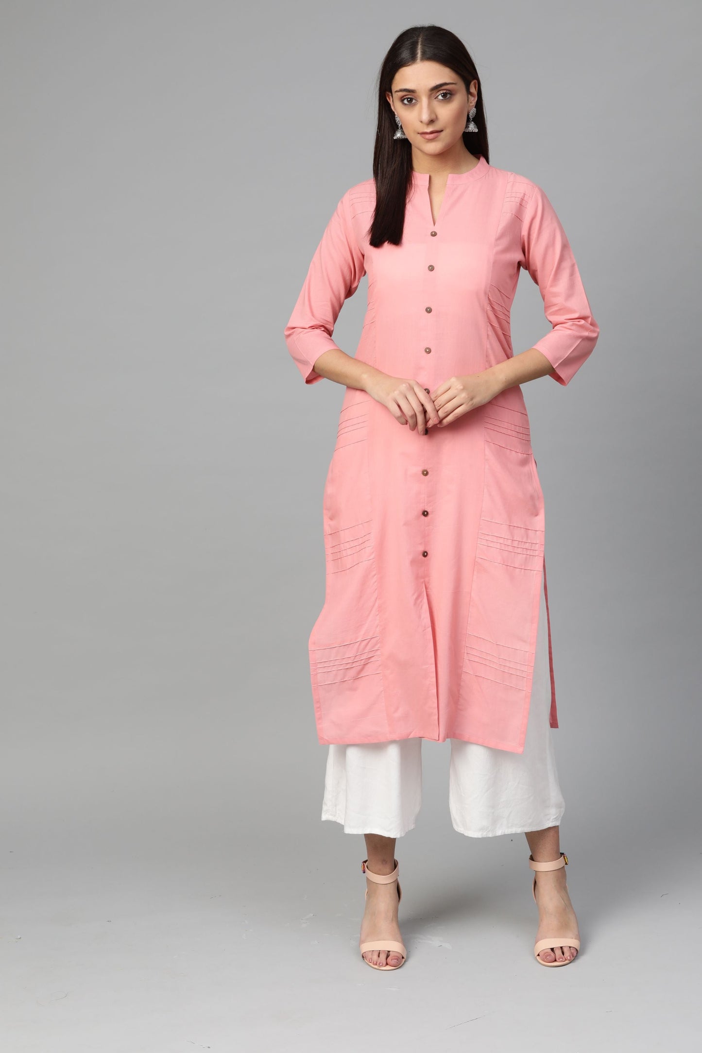 Women's Pink Cotton Solid 3/4 Sleeve Mandarin Neck Casual Kurta Only