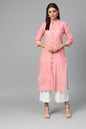 Women's Pink Cotton Solid 3/4 Sleeve Mandarin Neck Casual Kurta Only