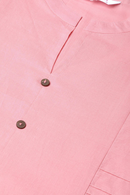 Women's Pink Cotton Solid 3/4 Sleeve Mandarin Neck Casual Kurta Only