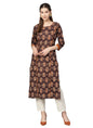 Women's Bwown Cotton Printed 3/4 Sleeve Round Neck Casual Kurta Only