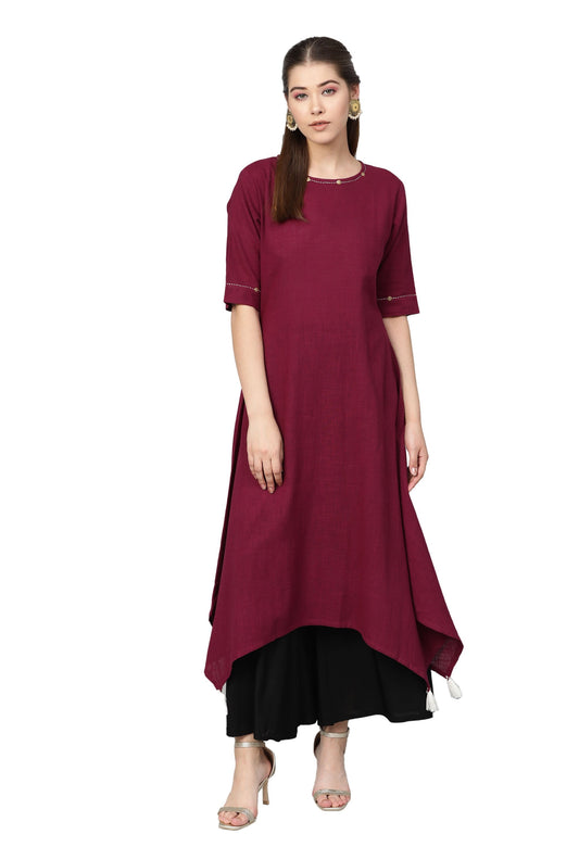 Women's Maroon Cotton Slub Solid 3/4 Sleeve Round Neck Casual Kurta Only