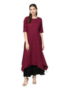 Women's Maroon Cotton Slub Solid 3/4 Sleeve Round Neck Casual Kurta Only