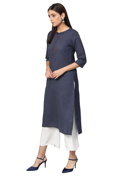 Women's Navy Blue Cotton Striped 3/4 Sleeve Mandarin Neck Casual Kurta Only