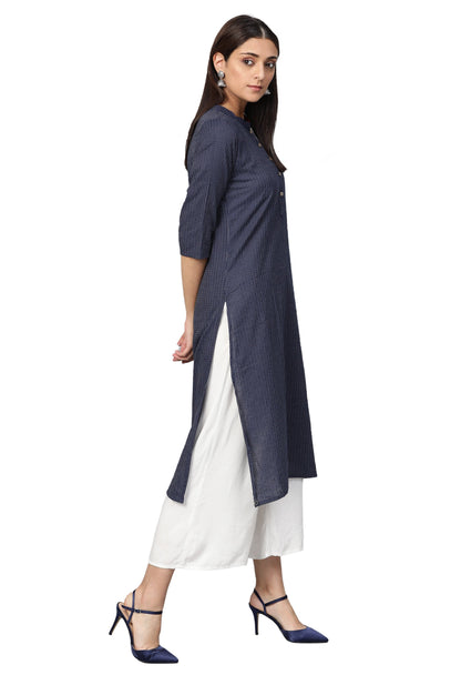 Women's Navy Blue Cotton Striped 3/4 Sleeve Mandarin Neck Casual Kurta Only