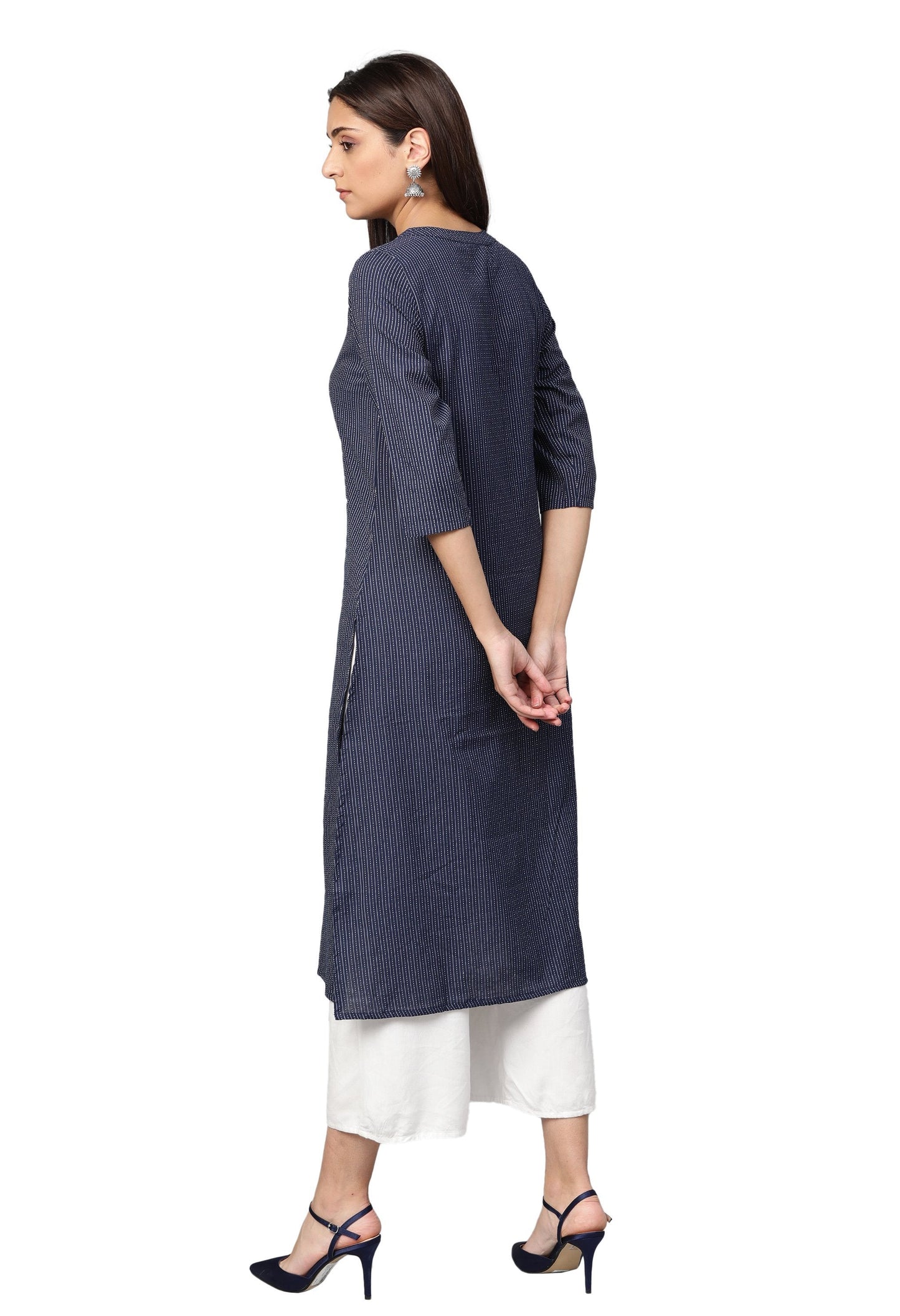 Women's Navy Blue Cotton Striped 3/4 Sleeve Mandarin Neck Casual Kurta Only