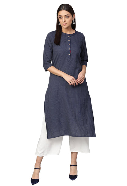 Women's Navy Blue Cotton Striped 3/4 Sleeve Mandarin Neck Casual Kurta Only