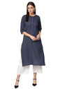 Women's Navy Blue Cotton Striped 3/4 Sleeve Mandarin Neck Casual Kurta Only