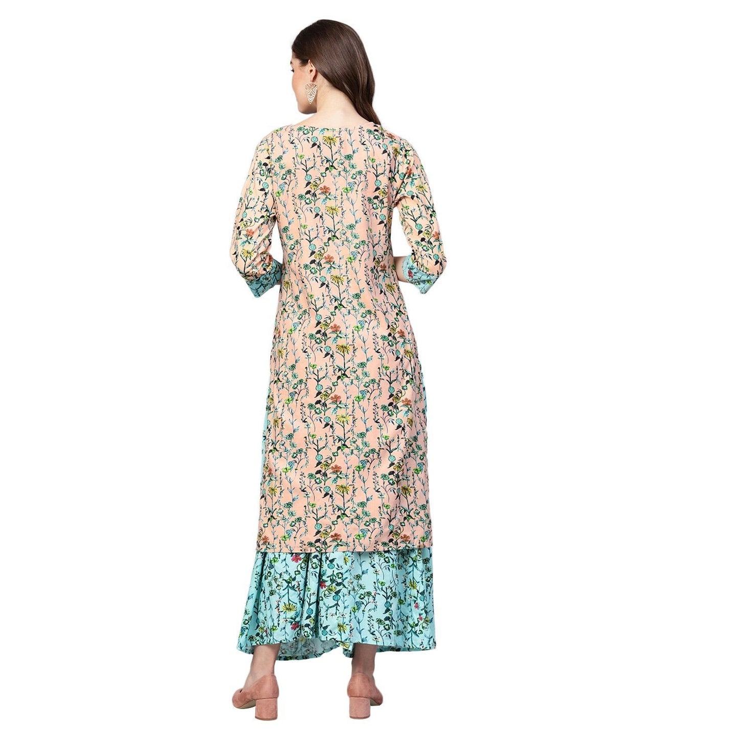 Women's Green Cotton Printed 3/4 Sleeve V Neck Kurta Payjama Set