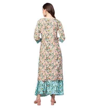 Women's Green Cotton Printed 3/4 Sleeve V Neck Kurta Payjama Set