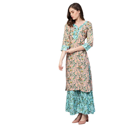 Women's Green Cotton Printed 3/4 Sleeve V Neck Kurta Payjama Set