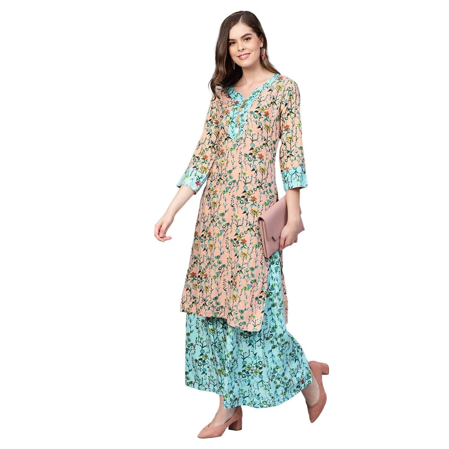 Women's Green Cotton Printed 3/4 Sleeve V Neck Kurta Payjama Set