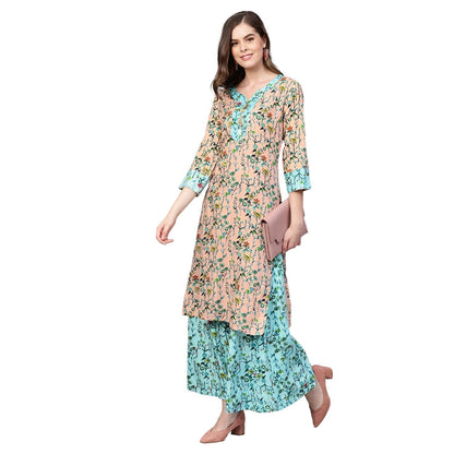 Women's Green Cotton Printed 3/4 Sleeve V Neck Kurta Payjama Set