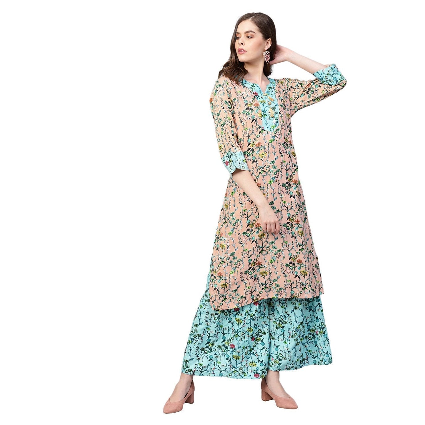 Women's Green Cotton Printed 3/4 Sleeve V Neck Kurta Payjama Set