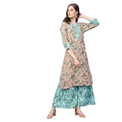 Women's Green Cotton Printed 3/4 Sleeve V Neck Kurta Payjama Set