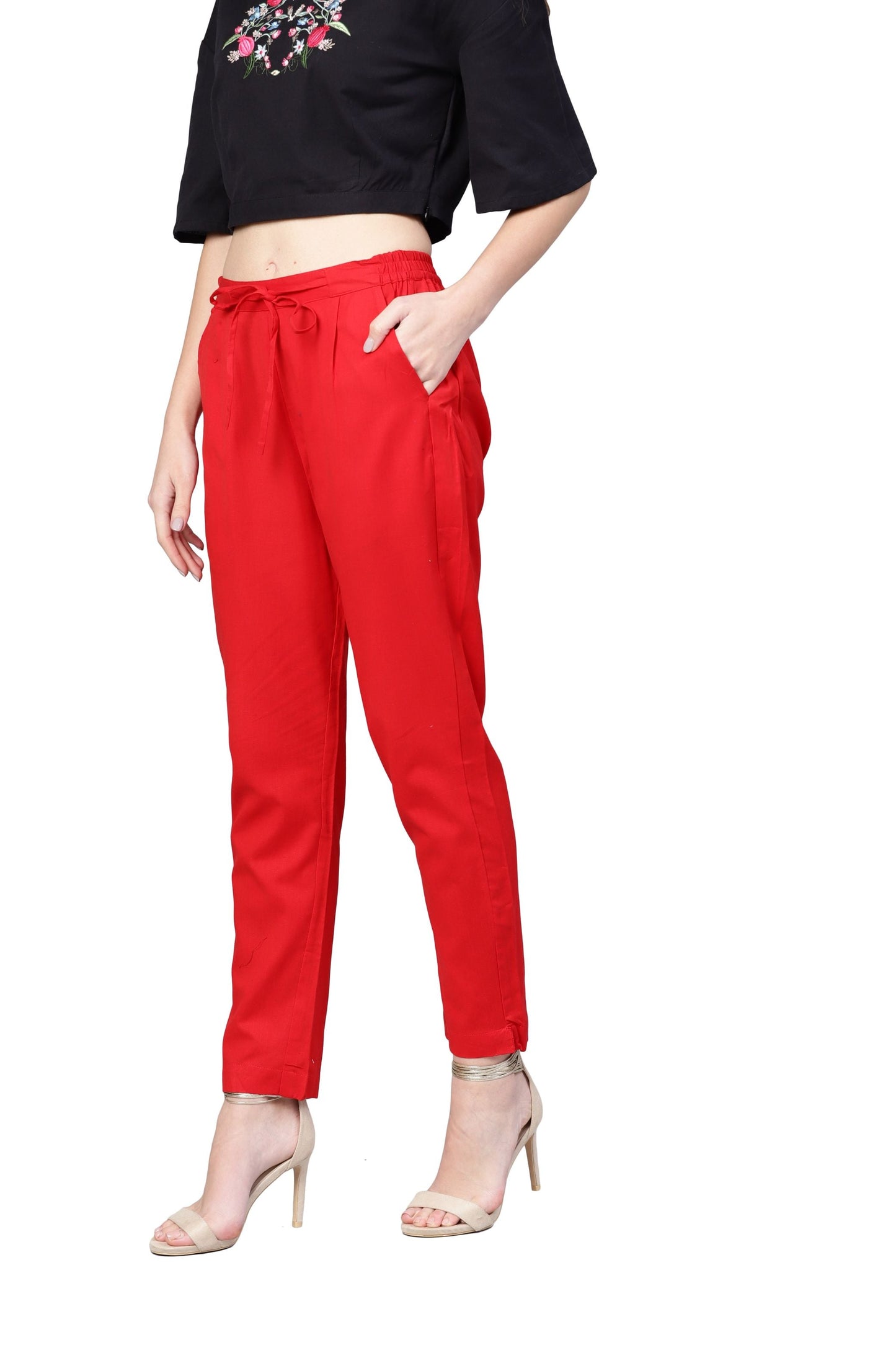 Women Red Cotton Solid Trouser by Myshka (