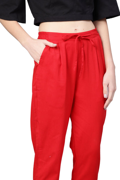 Women Red Cotton Solid Trouser by Myshka (