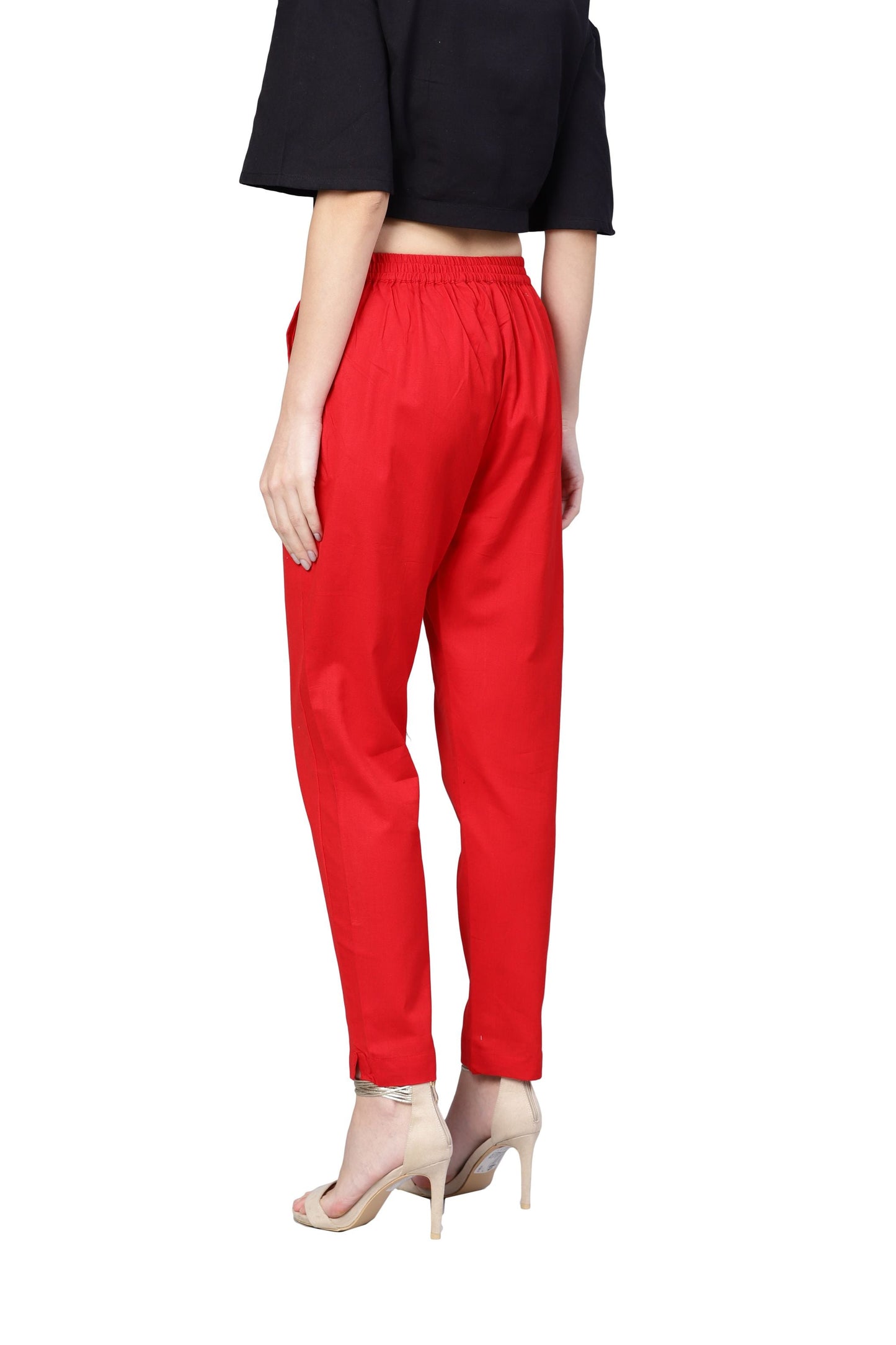 Women Red Cotton Solid Trouser by Myshka (
