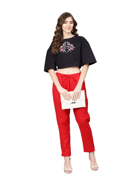 Women Red Cotton Solid Trouser by Myshka (