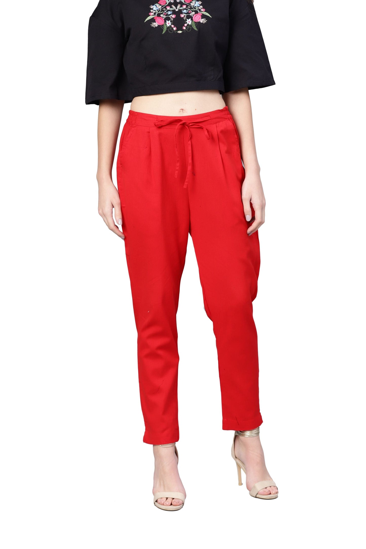 Women Red Cotton Solid Trouser by Myshka (