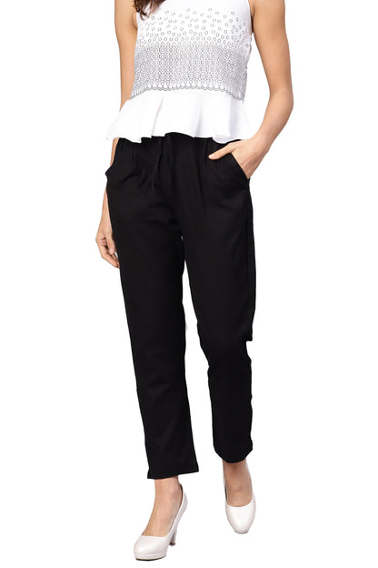 Women Black Cotton Trouser by Myshka (