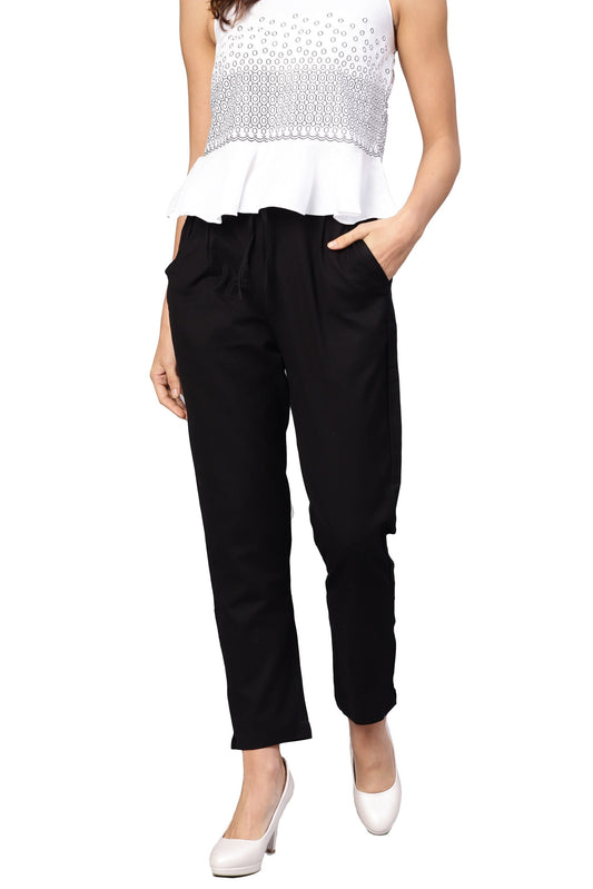 Women Black Cotton Trouser by Myshka (