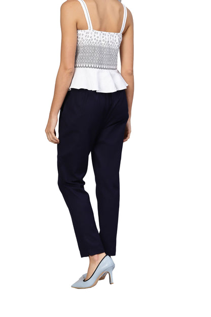 Women's Blue Cotton Solid Trouser
