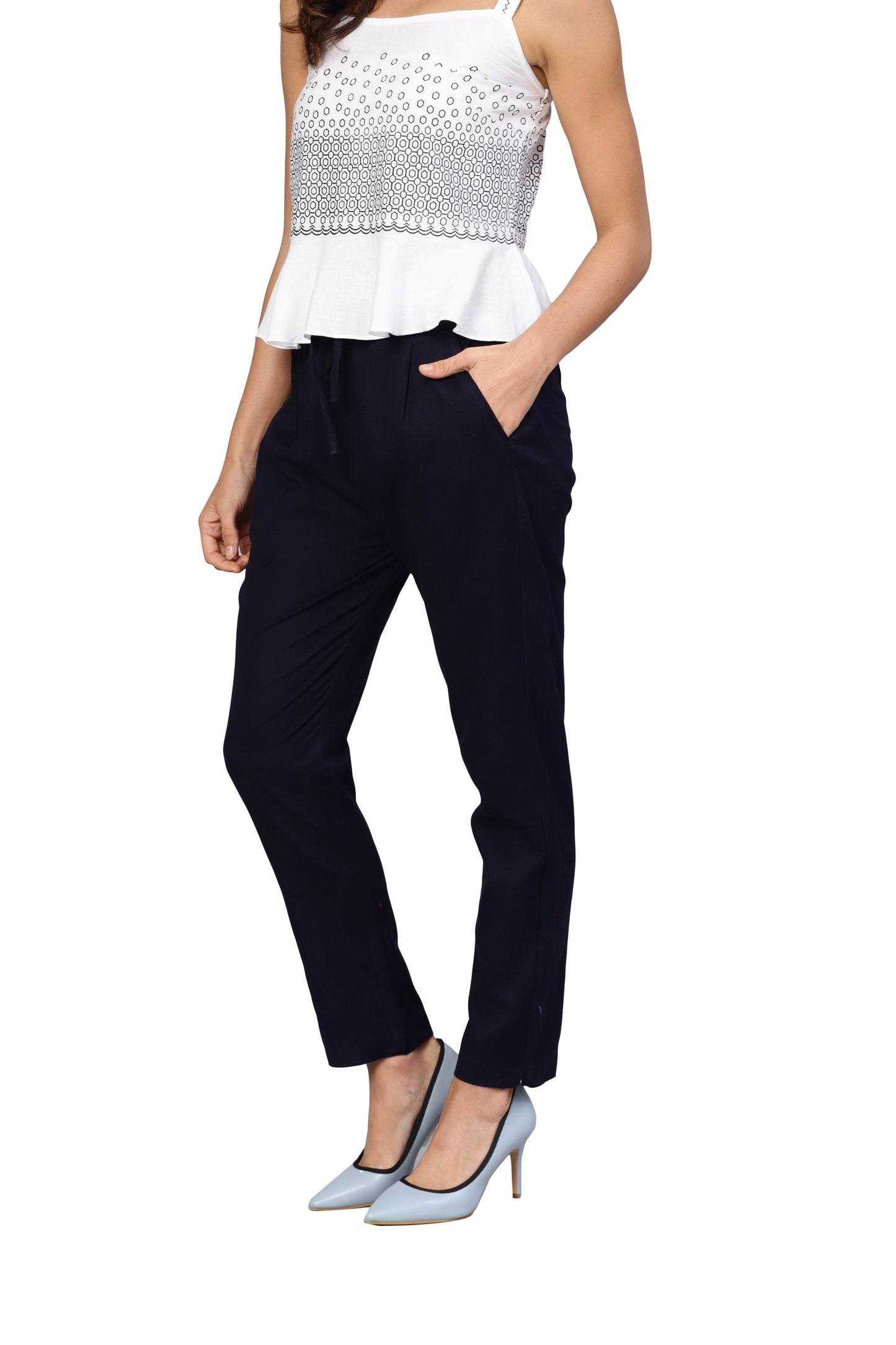 Women's Blue Cotton Solid Trouser