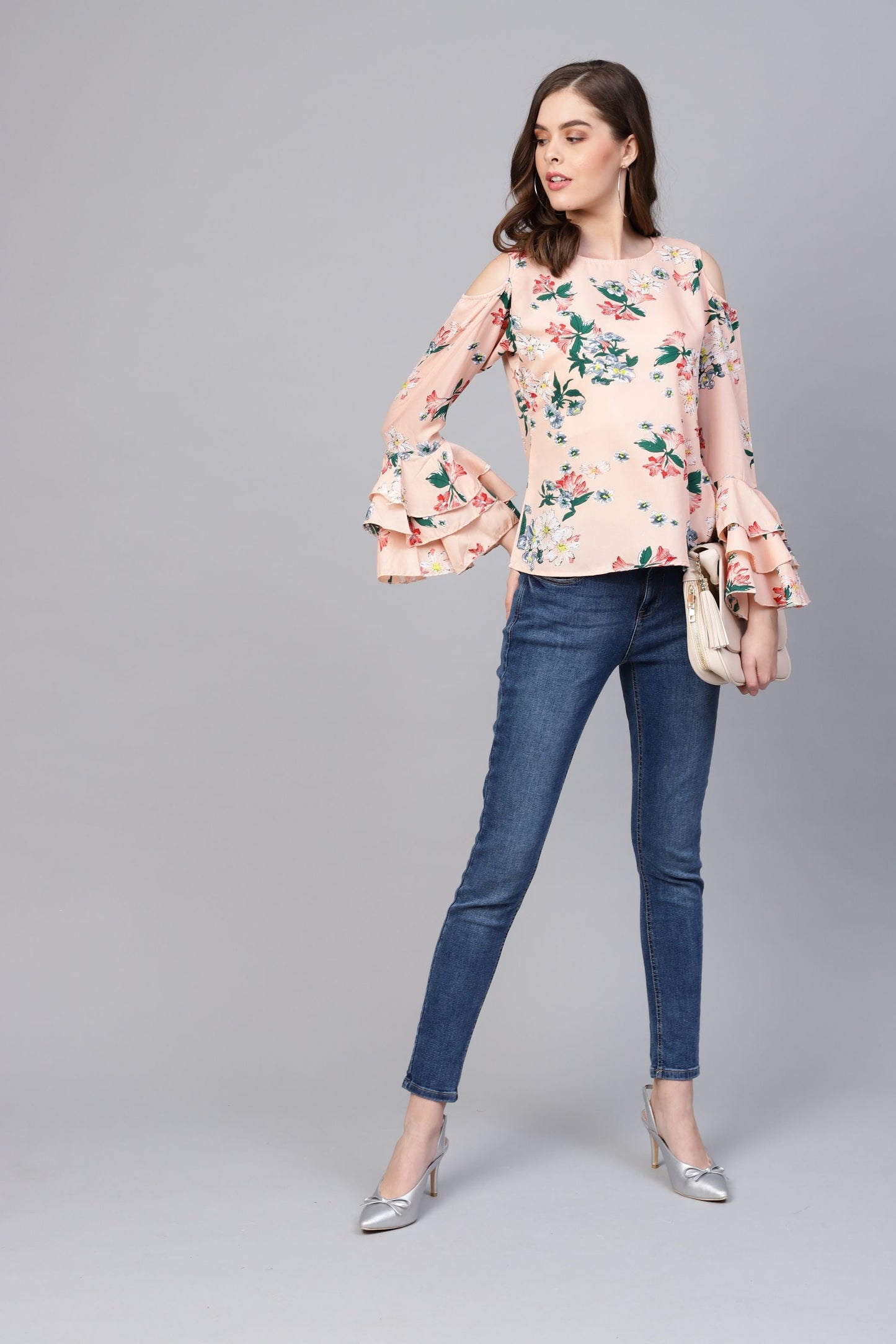 Women's Pink Printed Full Sleeve Round Neck Crepe Casual Top