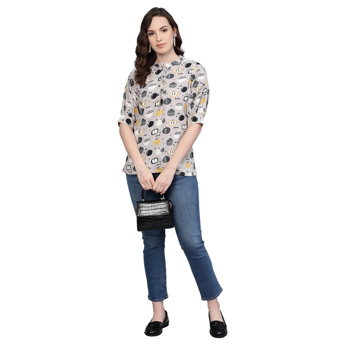 Women's Multi Printed Half Sleeve Round Neck Polyester Casual Top