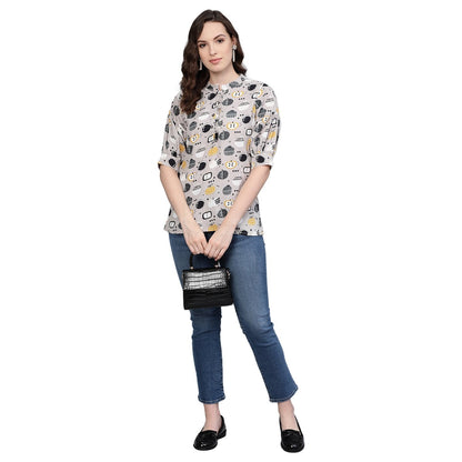 Women's Multi Printed Half Sleeve Round Neck Polyester Casual Top
