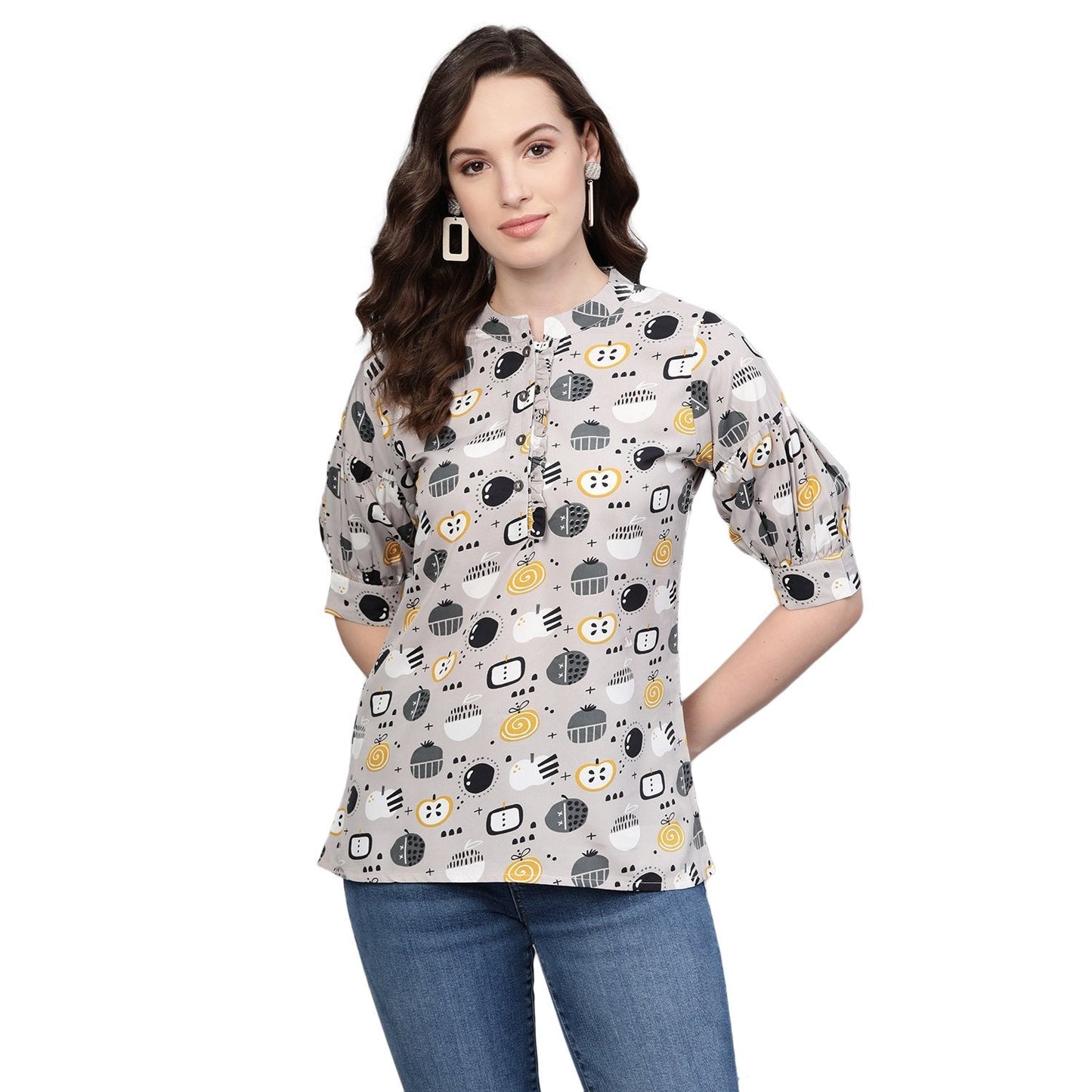 Women's Multi Printed Half Sleeve Round Neck Polyester Casual Top