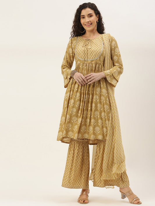 Women's Mustard Color Muslin Foil Printed Kurta Sharara With Dupatta