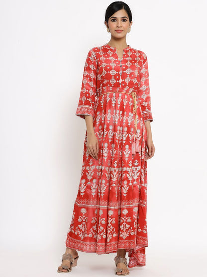 Women's Printed Flared Dress with Waist Tie-up