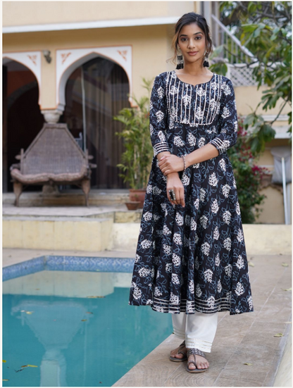 Women's Black Cotton Kurta Set