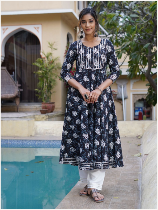 Women's Black Cotton Kurta Set