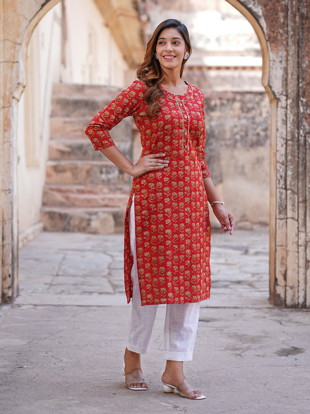 Women's Red Cotton Kurta