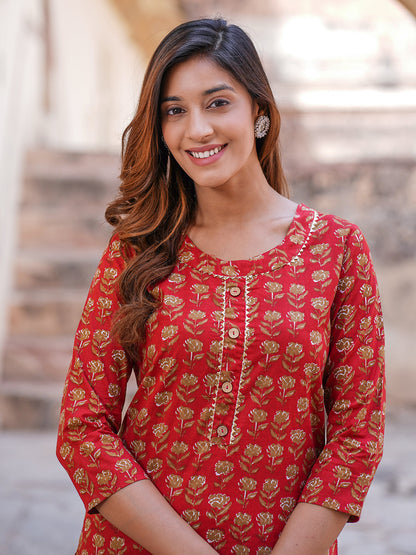 Women's Red Cotton Kurta